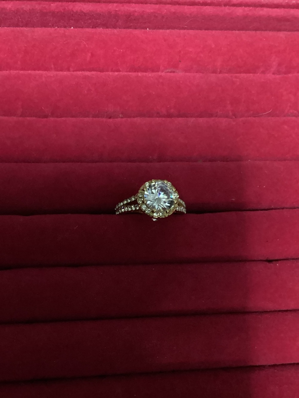 Gold Halo Solitaire Ring with Round Center Stone - size 8 - Beautiful Costume